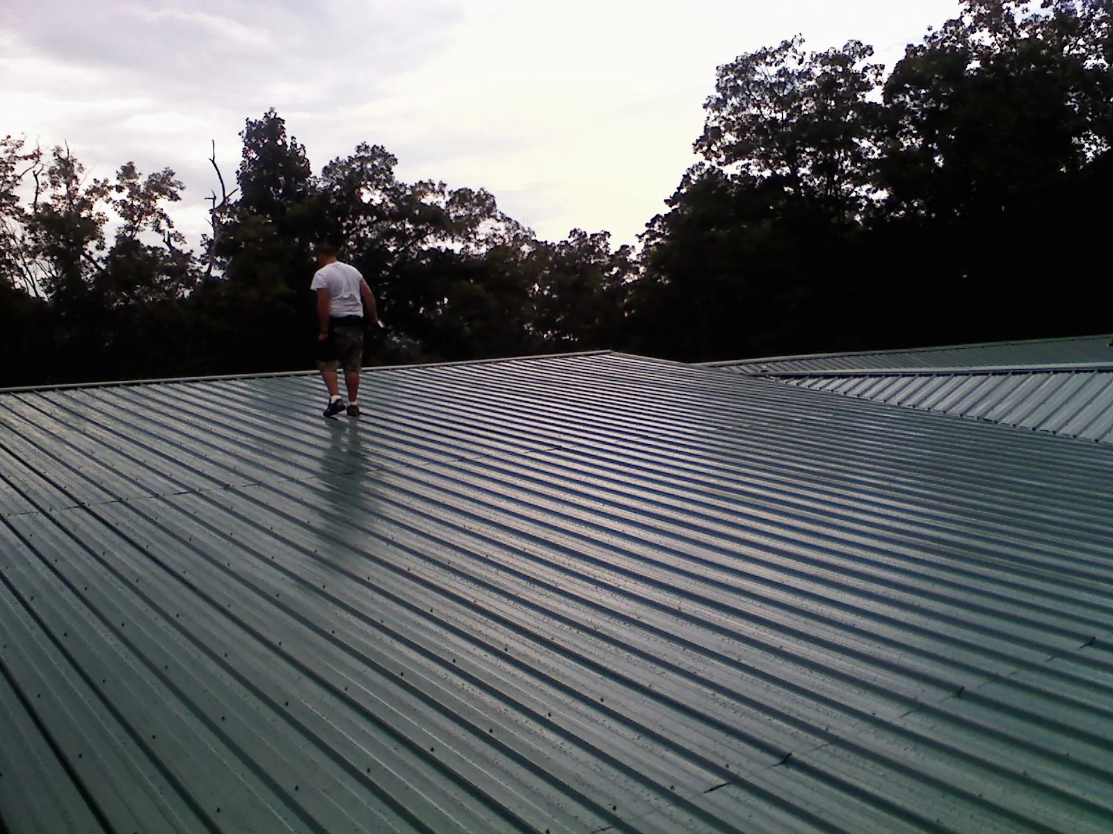 Roofer walking a wide expanse of new green metal roofing in Canastota